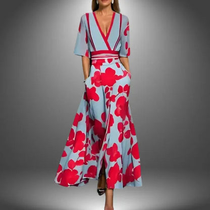 Women's Floral Mid Length Sleeve Maxi Dress in Pink poppy print, front view - Emilia