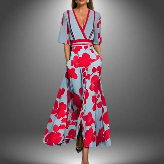 Women's Floral Mid Length Sleeve Maxi Dress in Pink poppy print, front view - Emilia
