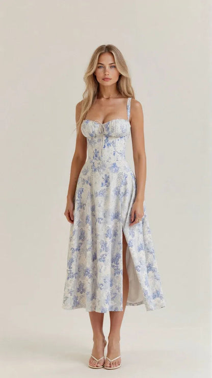 Cerene floral midi dress in blue toile print, front view with thigh slit