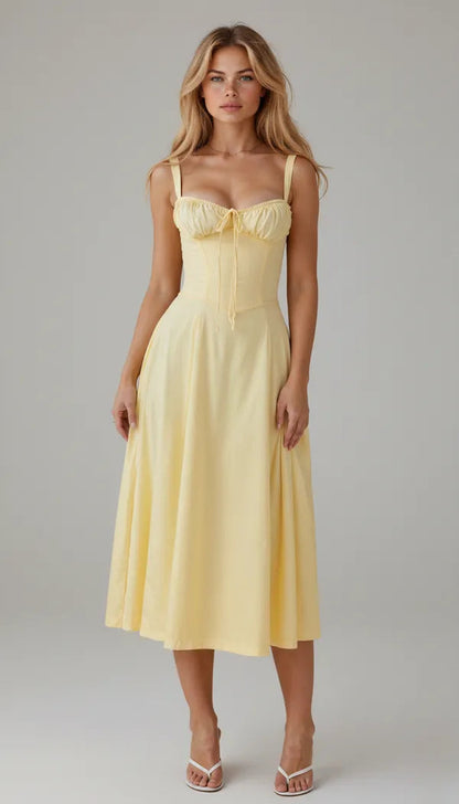 Cerene women's midi dress in light yellow, front view with full A-line skirt