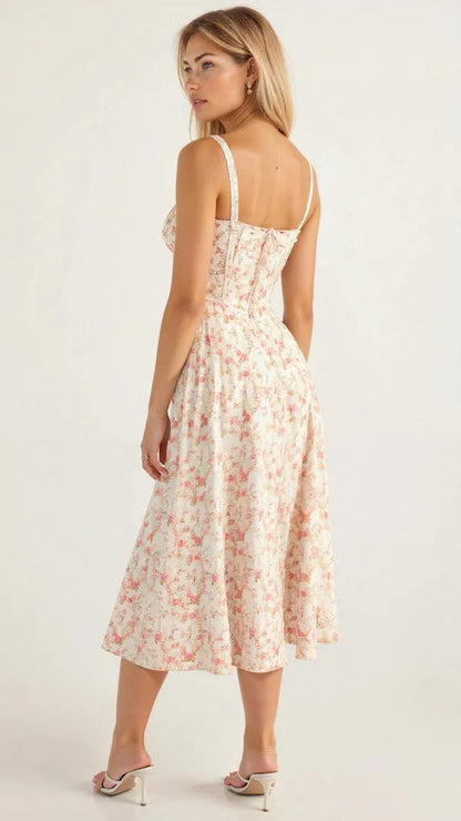 Back view of the pink Cerene floral midi dress with flared A-line skirt
