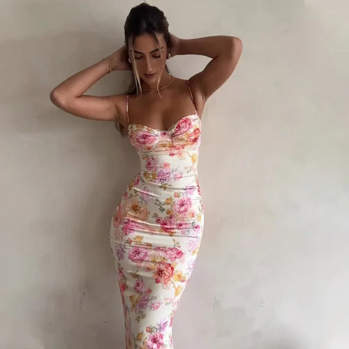 Women's Floral Sleeveless Maxi Dress in rose Floral print, front view - Faela