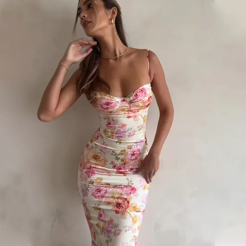 Women's Floral Sleeveless Maxi Dress in Floral, bodice and bust close-up - Faela