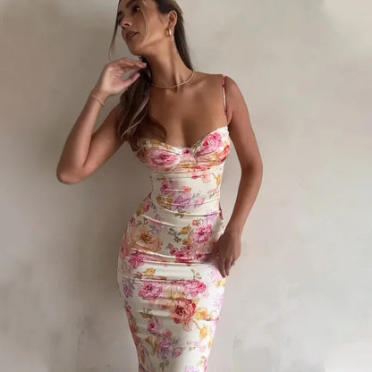 Women's Floral Sleeveless Maxi Dress in Floral, bodice and bust close-up - Faela