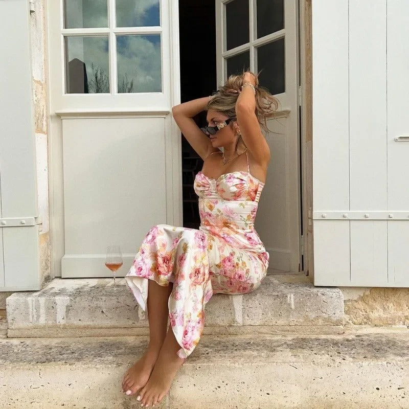 Women's Floral Sleeveless Maxi Dress in Floral, seated lifestyle shot - Faela