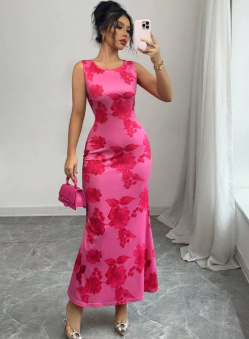 Women's Floral Sleeveless Maxi Dress in Pink rose print, mirror front view - Kaja