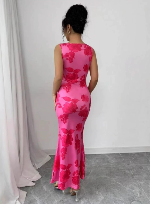 Women's Floral Sleeveless Maxi Dress in Pink, back view of the fishtail hem - Kaja
