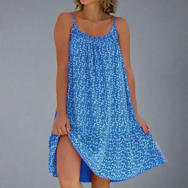 Ruby women's floral slip mini dress in blue, front view on model