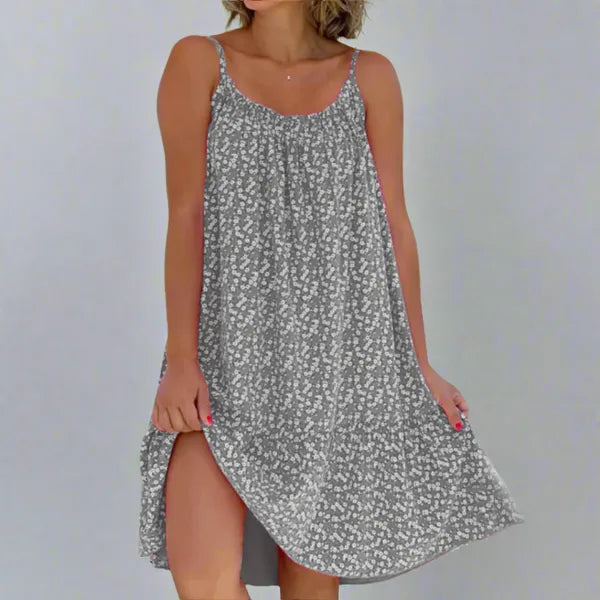 Ruby women's floral slip mini dress in gray, front view with side slit