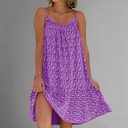 Ruby women's floral slip mini dress in purple, front view on model