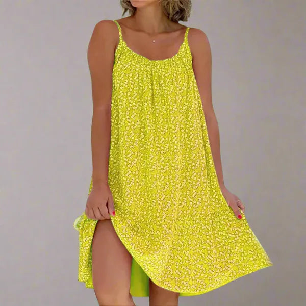 Ruby women's floral slip mini dress in yellow, front view on model