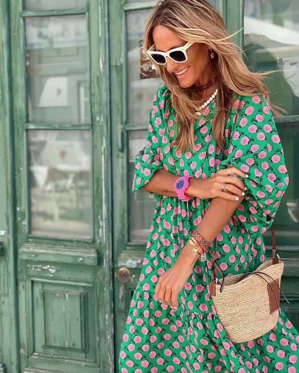 Women's Floral Summer Maxi Dress in Green and pink, sleeve and print detail - Isadora
