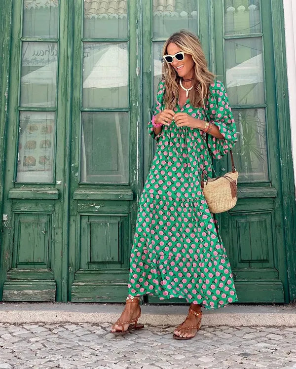 Women's Floral Summer Maxi Dress in Green and pink, full-length front view - Isadora