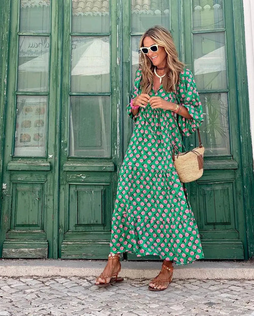 Women's Floral Summer Maxi Dress in Green and pink, full-length front view - Isadora