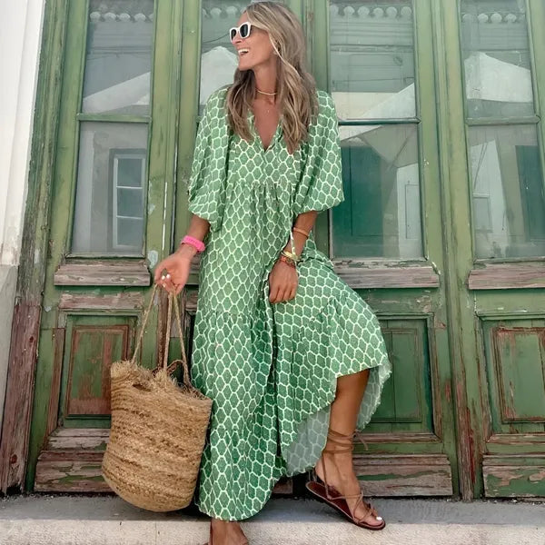 Women's Floral Summer Maxi Dress in Green and white print, front view - Isadora