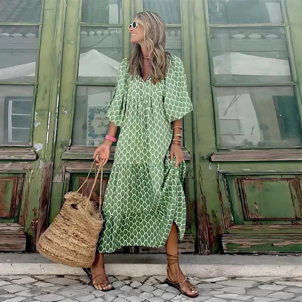 Women's Floral Summer Maxi Dress in Green and white, tiered front view - Isadora