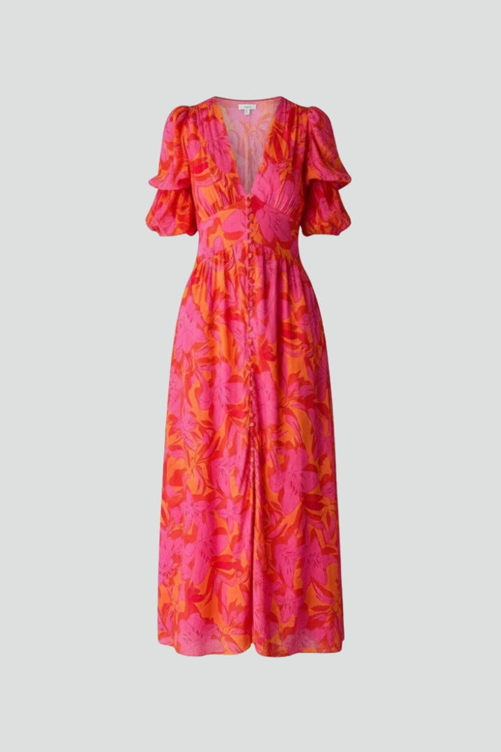 Women's Floral Summer Maxi Dress in Red floral, flat lay product shot - Wilhelmina