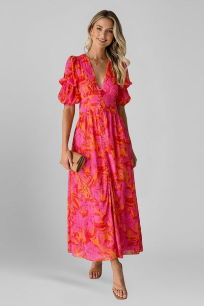 Women's Floral Summer Maxi Dress in Red floral print, front view on model - Wilhelmina