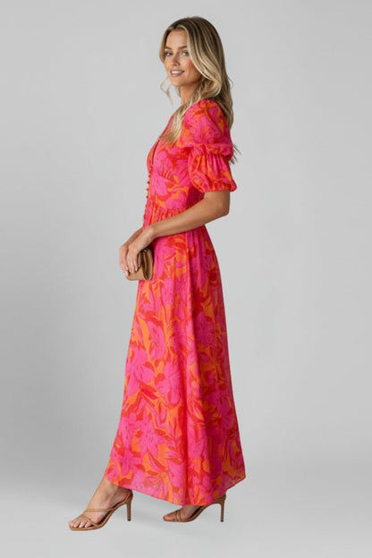Women's Floral Summer Maxi Dress in Red floral, right side view on model - Wilhelmina
