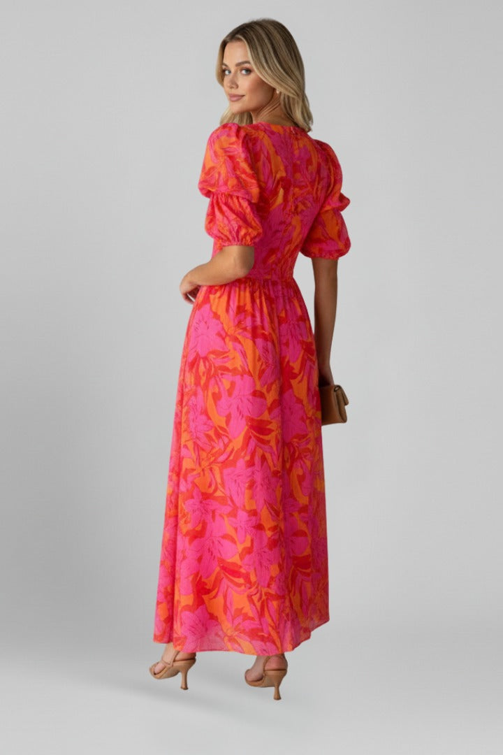 Women's Floral Summer Maxi Dress in Red floral, back view of the long skirt - Wilhelmina