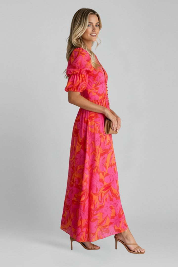 Women's Floral Summer Maxi Dress in Red floral, left side view on model - Wilhelmina