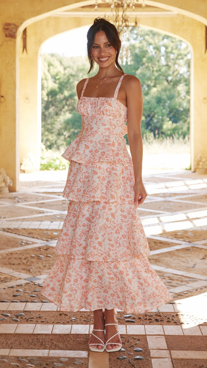 Pink Alessandra tiered midi dress with ruffle layers, full length front view
