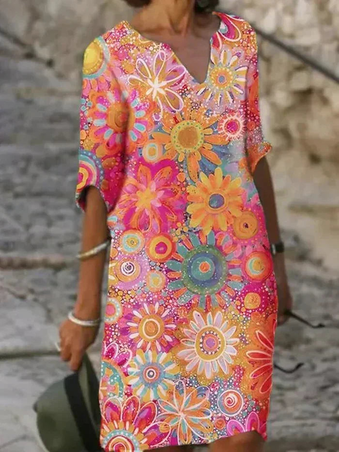 Zephyra women's floral V-neckline midi dress in pink, front view outdoors