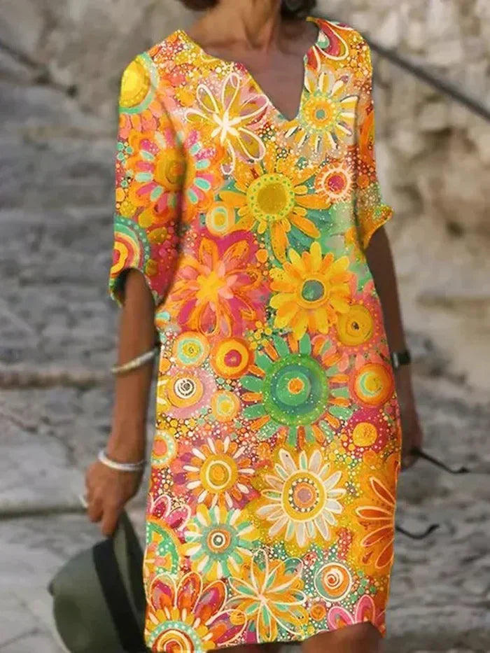 Zephyra women's floral V-neckline midi dress in yellow, front view outdoors