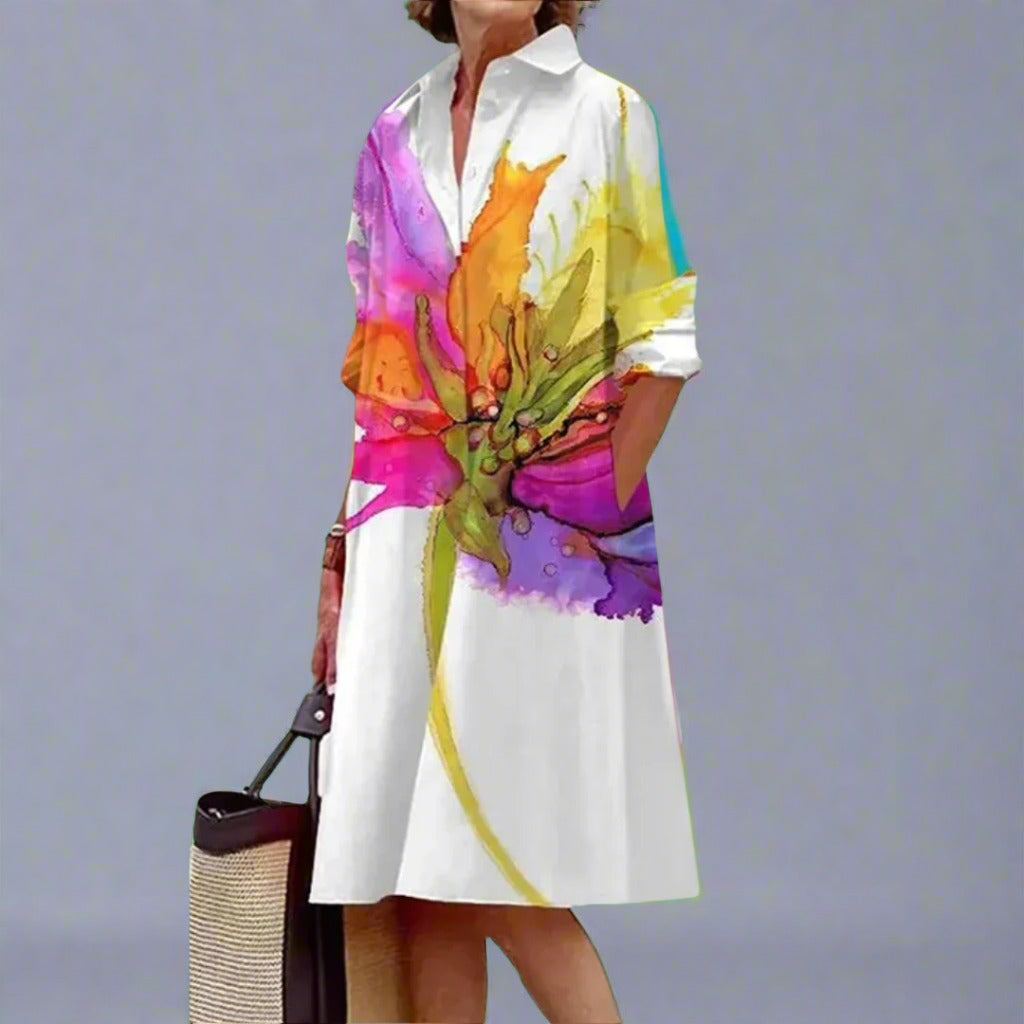 Theodora women's floral wedding guest midi shirt dress in white, front view