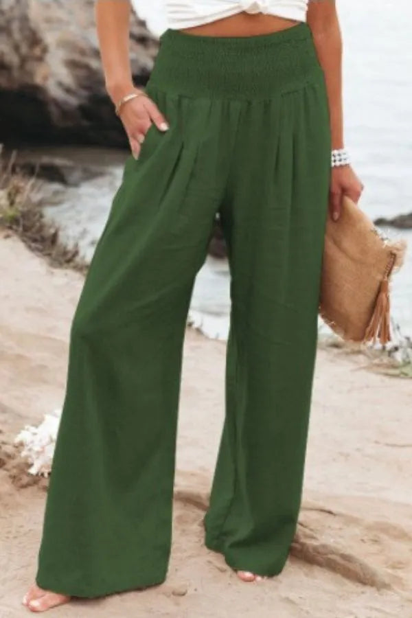 Bethany Women's Flowy Palazzo Trousers in army green, front view on model