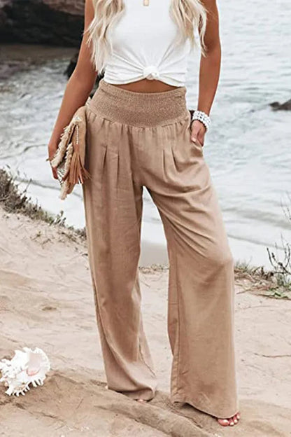 Bethany Women's Flowy Palazzo Trousers in khaki styled with white knot top