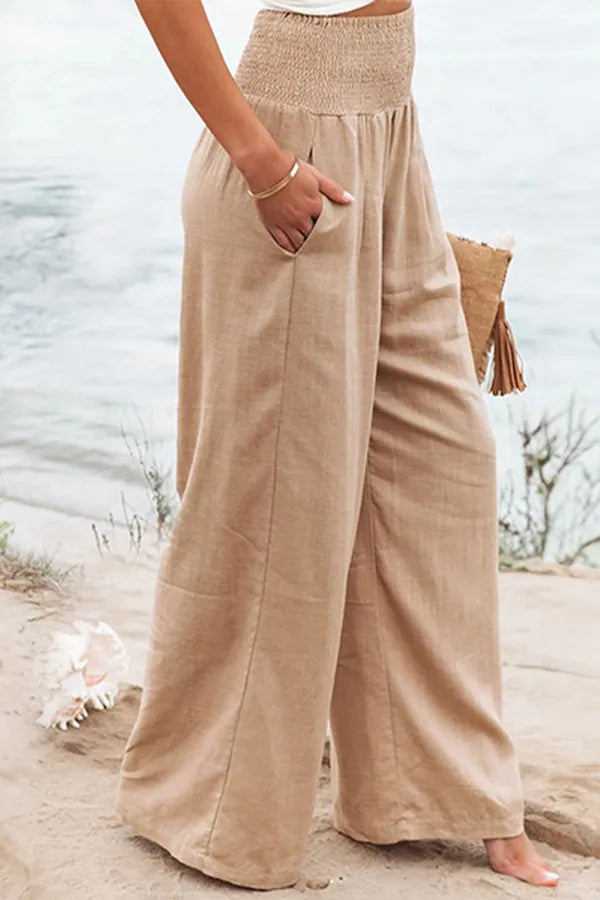 Bethany Women's Flowy Palazzo Trousers in khaki, close front view of smocked waist