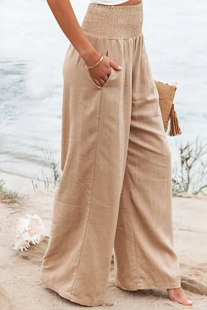 Bethany Women's Flowy Palazzo Trousers in khaki, close front view of smocked waist