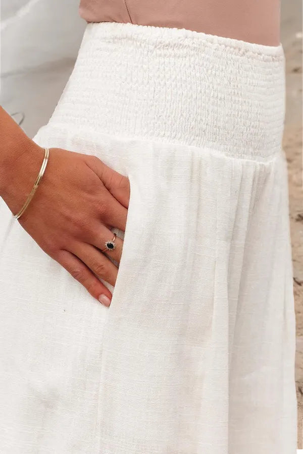 Bethany Women's Flowy Palazzo Trousers in white, smocked waistband and pocket detail