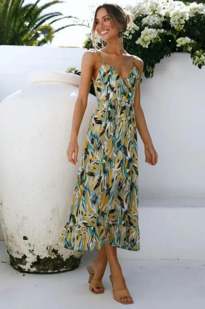 Green Ingrid summer midi dress with ruffle hem, full length front view