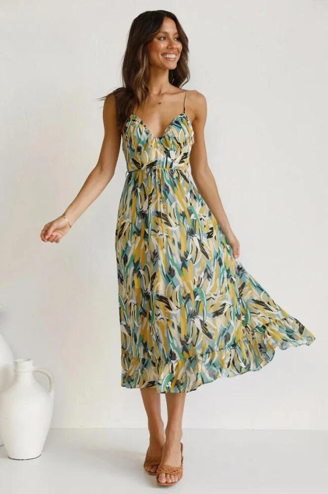 Ingrid women's flowy summer midi dress in green leaf print, front view