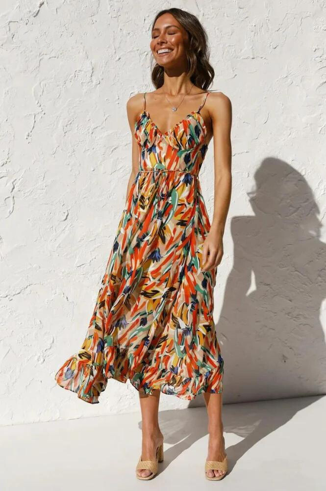 Ingrid women's flowy summer midi dress in orange floral print, front view