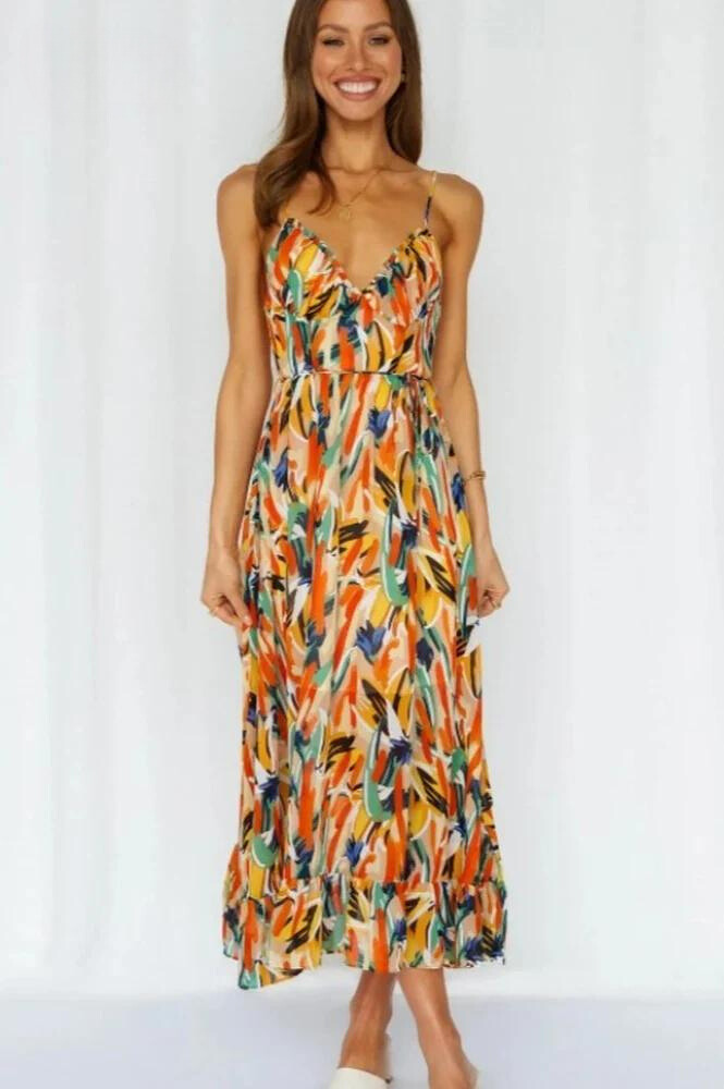 Ingrid orange printed summer midi dress with spaghetti straps, front view