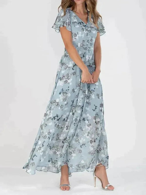 Women's Flutter Sleeve Floral Maxi Dress in light Blue floral, front view - Katinka
