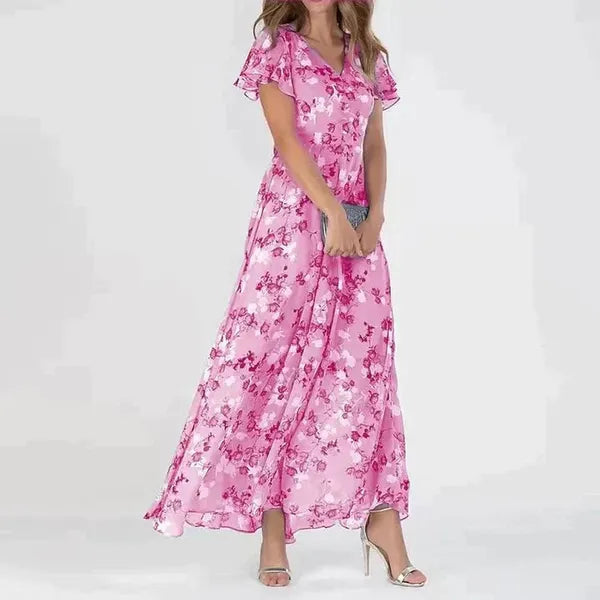 Women's Flutter Sleeve Floral Maxi Dress in Pink floral print, front view - Katinka
