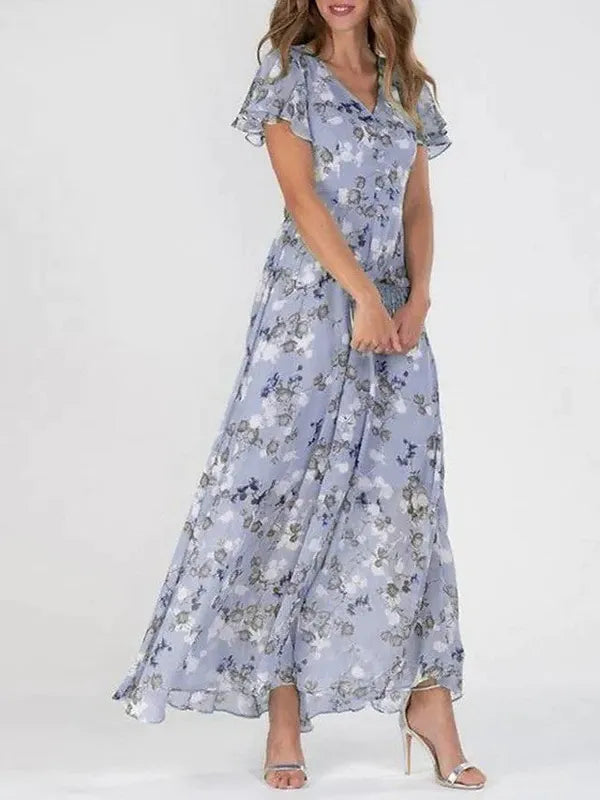 Women's Flutter Sleeve Floral Maxi Dress in Purple periwinkle floral, front - Katinka