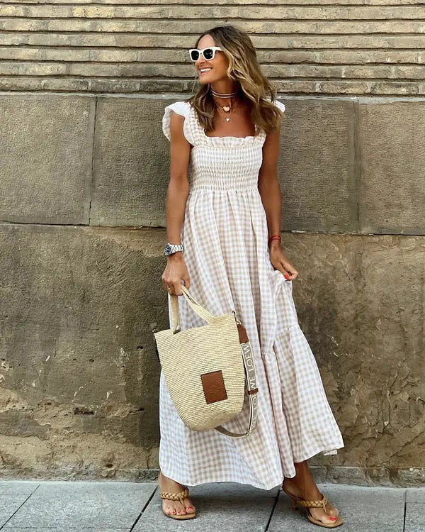 Women's Flutter Sleeve Maxi Dress in Beige gingham, front view on model - Francesca