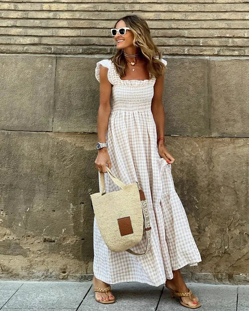 Women's Flutter Sleeve Maxi Dress in Beige gingham, front view on model - Francesca