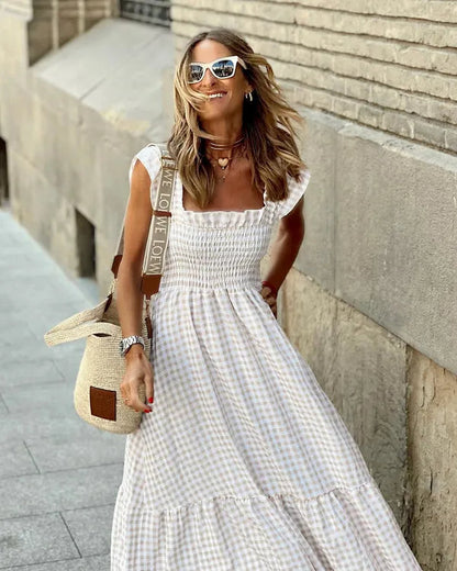 Women's Flutter Sleeve Maxi Dress in Beige gingham, shirred bodice close-up - Francesca