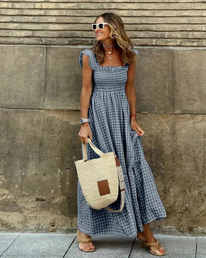 Women's Flutter Sleeve Maxi Dress in Black gingham check, front view - Francesca