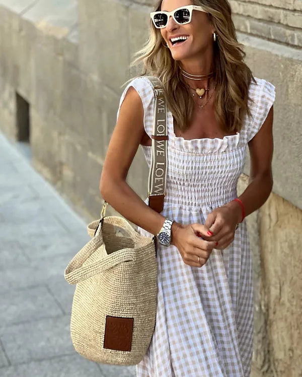 Women's Flutter Sleeve Maxi Dress in pale Blue gingham, bodice detail shot - Francesca