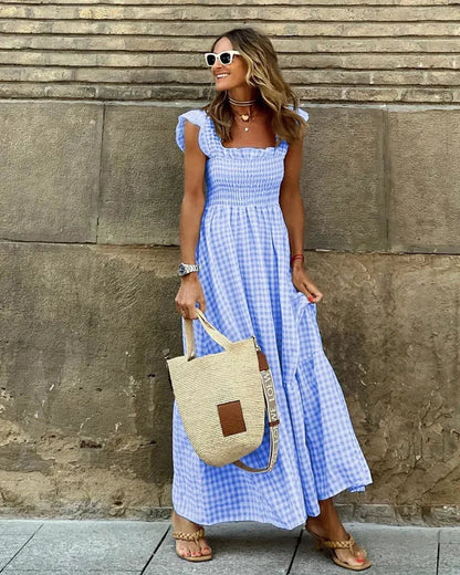 Women's Flutter Sleeve Maxi Dress in Blue gingham, full-length front view - Francesca