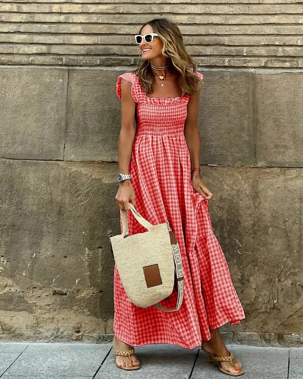 Women's Flutter Sleeve Maxi Dress in Red gingham, front view on model - Francesca