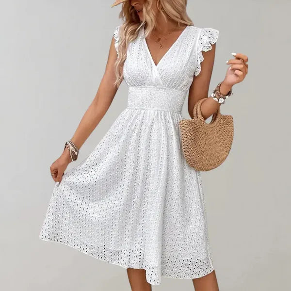 Siri women's flutter sleeves midi dress in white eyelet, front view