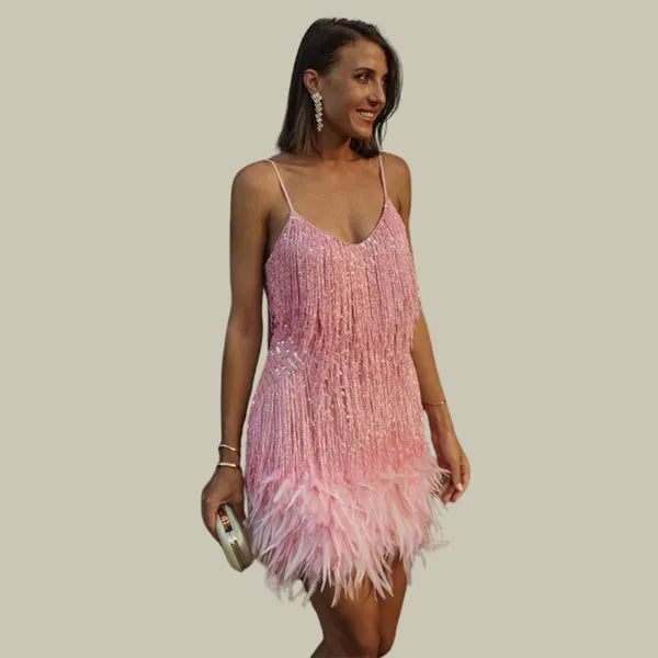 Emma women's fringe hem mini dress in pink, front view on model